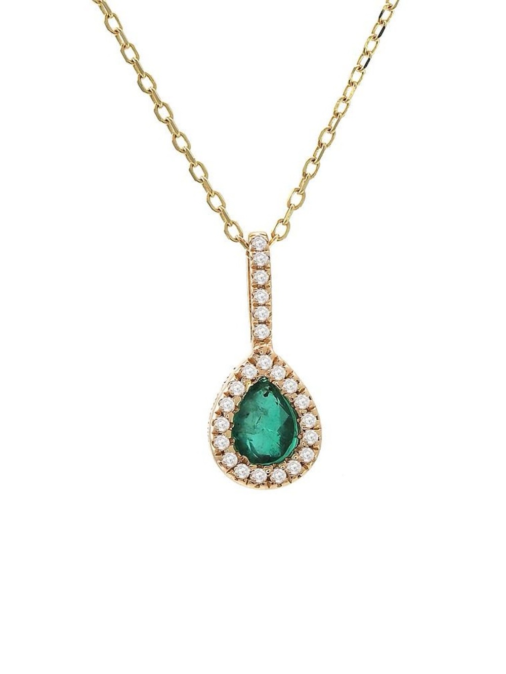 14K Real Yellow Gold Pear Prong Emerald Diamond Necklace 16+2″